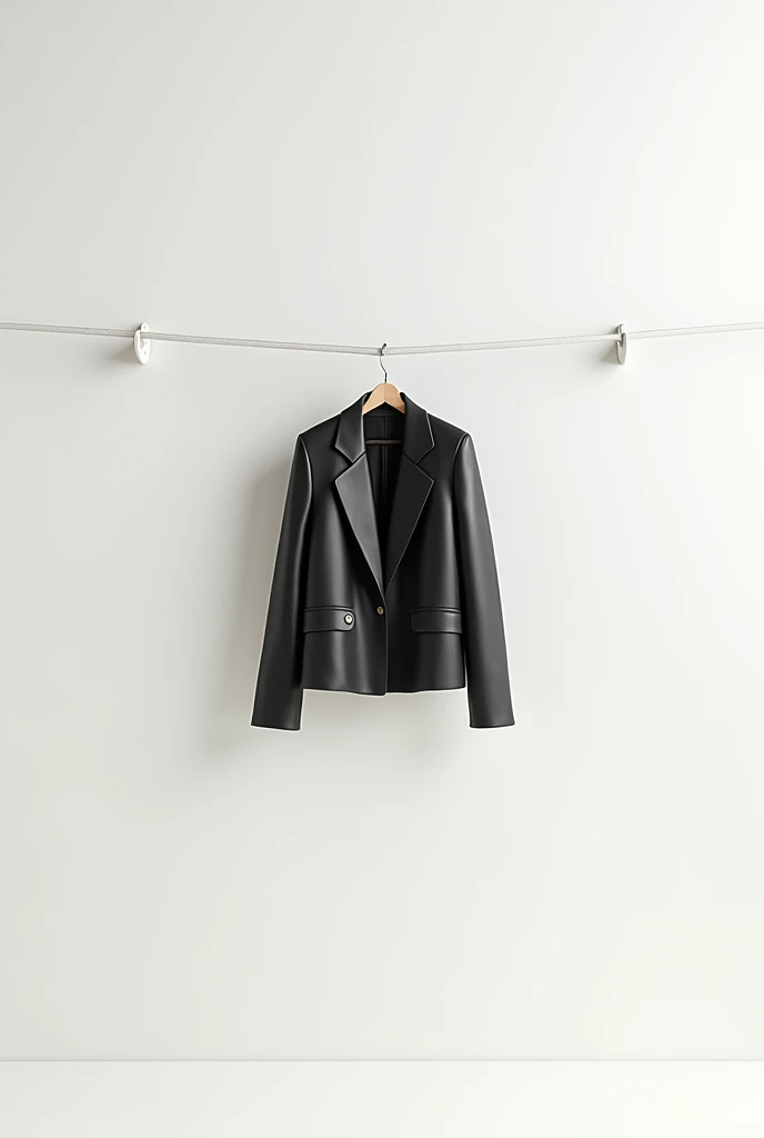 Create a minimalist image where a single garment with an urban style is hanging from a hook 
