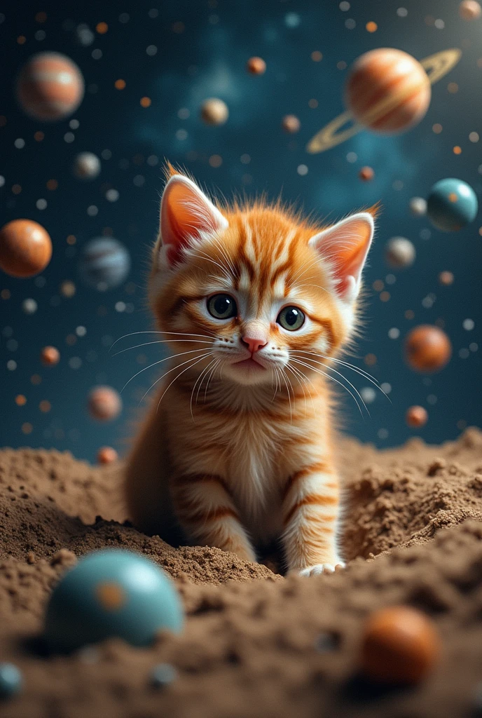 And suddenly this ginger kitten realized that he was controlling some universe and then he dug himself into space surrounded by several planets.