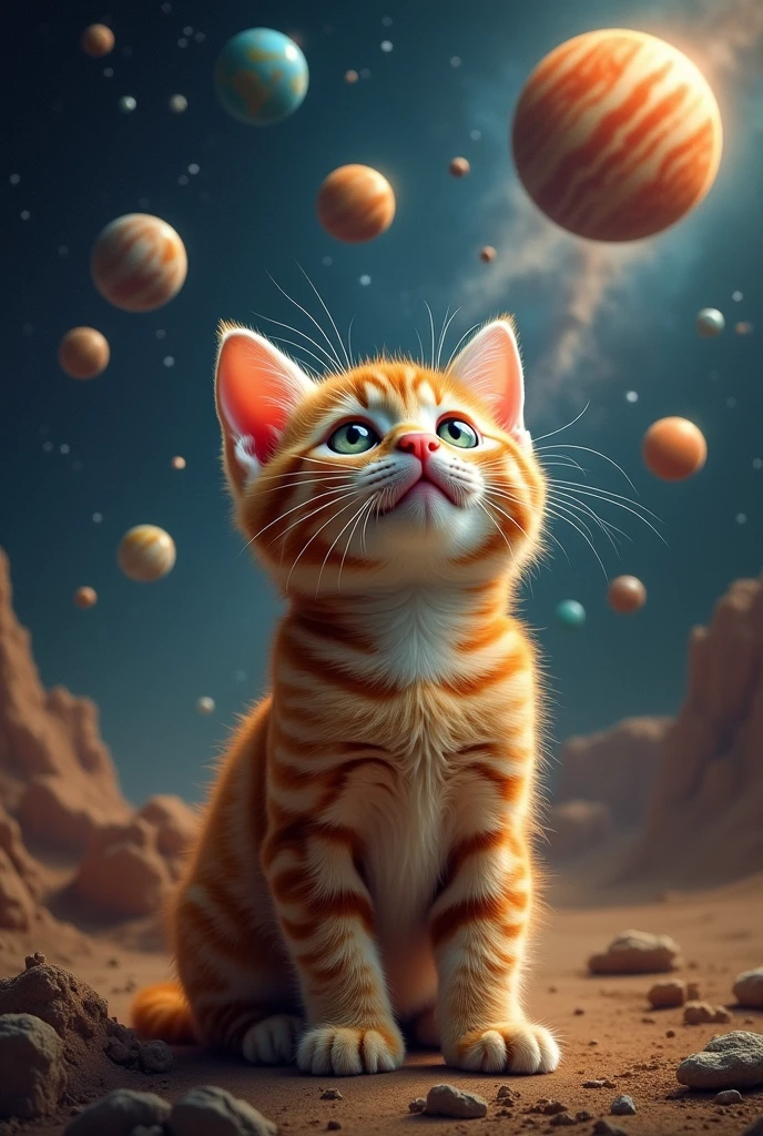 And suddenly this ginger kitten realized that he was controlling some universe and then he dug himself into space surrounded by several planets.