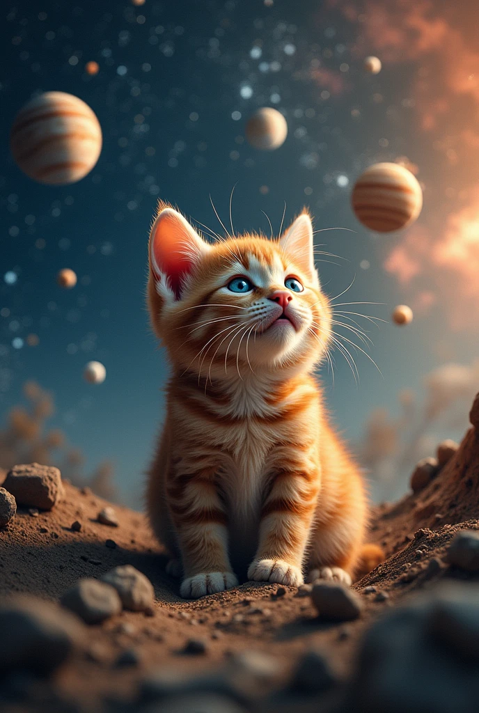 And suddenly this ginger kitten realized that he was controlling some universe and then he dug himself into space surrounded by several planets.