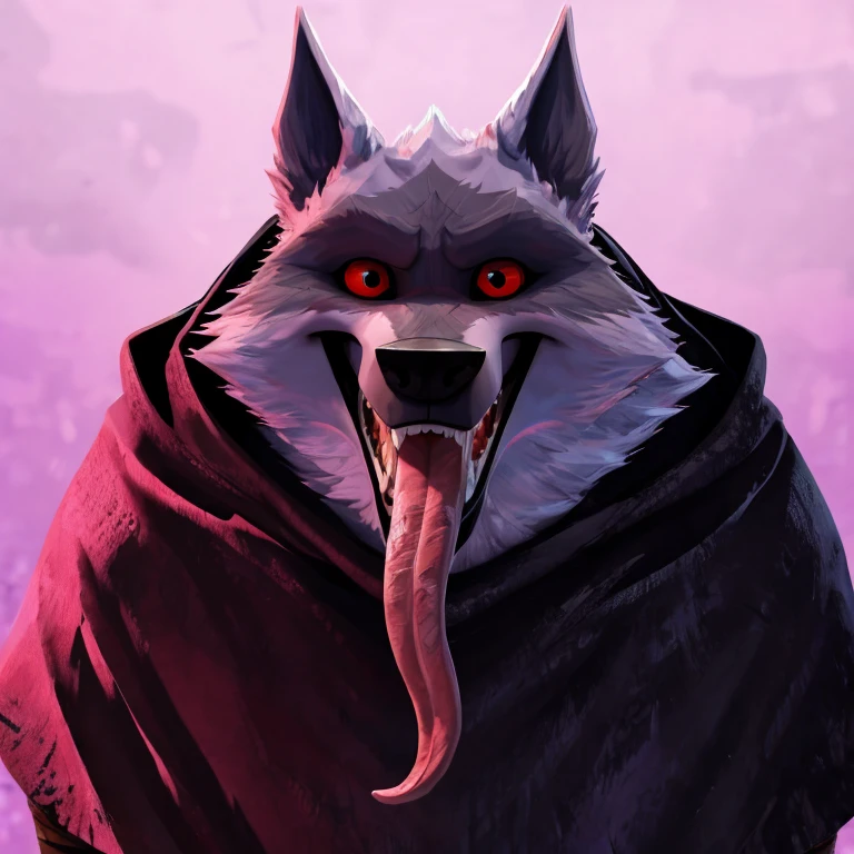 Death (Puss in Boots: The Last Wish), DreamWorks Animation, 2D, Looking at viewer, Mouth Wide Open, Tongue Out, Long Tongue, Wide-Eyed, Wolf Ears, Anatomically Correct, Seductive Smile, Raised Eyebrow, Oral Invitation, Simple background, Character Design, Illustration, High Resolution, Super Detailed, Textured Skin, Taste Buds, Single Shot, Full Body, Character Sheet Full-Length