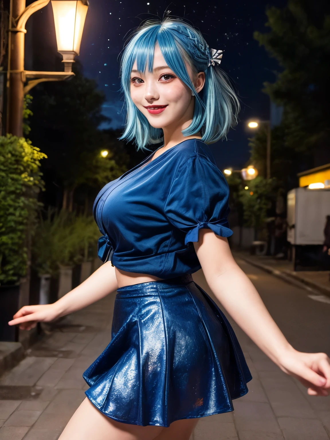16-year-old girl, beautiful and realistic with long straight light blue hair up to the waist, large blue eyes together horizontally to the nose, rosy cheeks and red lipstick, with breasts not too big and not too small all covered, cute, wearing a black dress up to the knees. Photo taken with an 18 mm lens at f/1.5, with 100 K resolution and on a blurry background of a city at night full of illuminated buildings