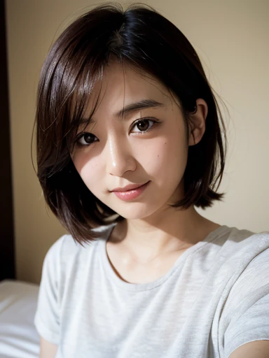 In front of the white wall of a stylish white hotel room with the morning sun shining in、On the bed、18-year-old female、Realistic Skin、((Dark Eyes))、Gentle smile、Medium Short Hair、Grey T-shirt、Yoshitomo Nara, shikamimi, Chiho, mayuri shiina, A real young gravure idol, beast, , Kotegawa Yui, 8k、narumi kakinouchi