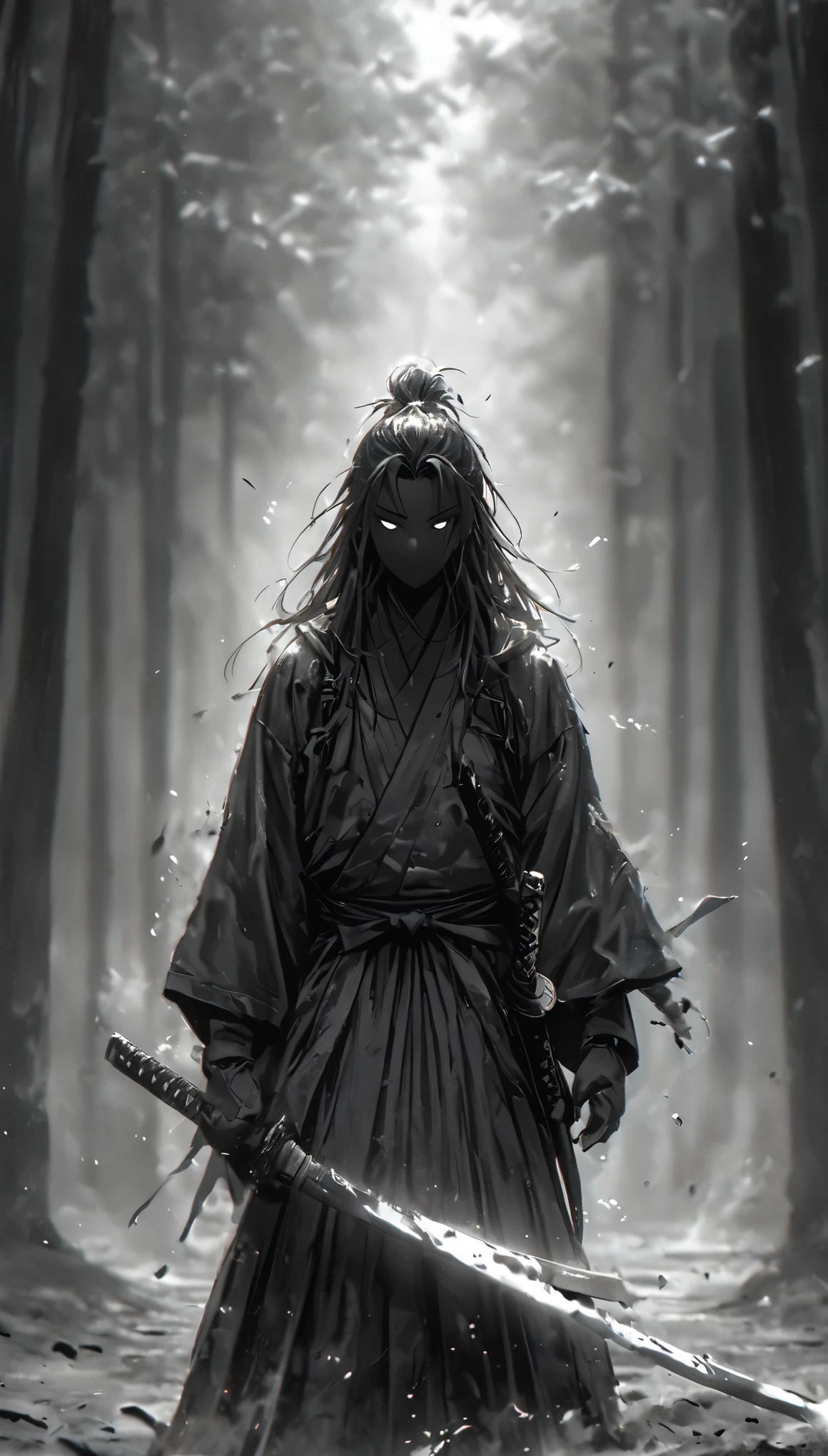 portrait, 1boy, solo, long hair, Japanese clothing, black clothing, samurai, (hakama), (holding weapon, katana), plain tree, sheath, shadow, ink painting, [[greyscale]], simple background, ((windy)), dust, [cowboy shot], walking toward viewer, POV, ((Akira Kurosawa film)), cinematic lighting, (masterpiece:1.2), best quality, DeepNegative_xl_v1