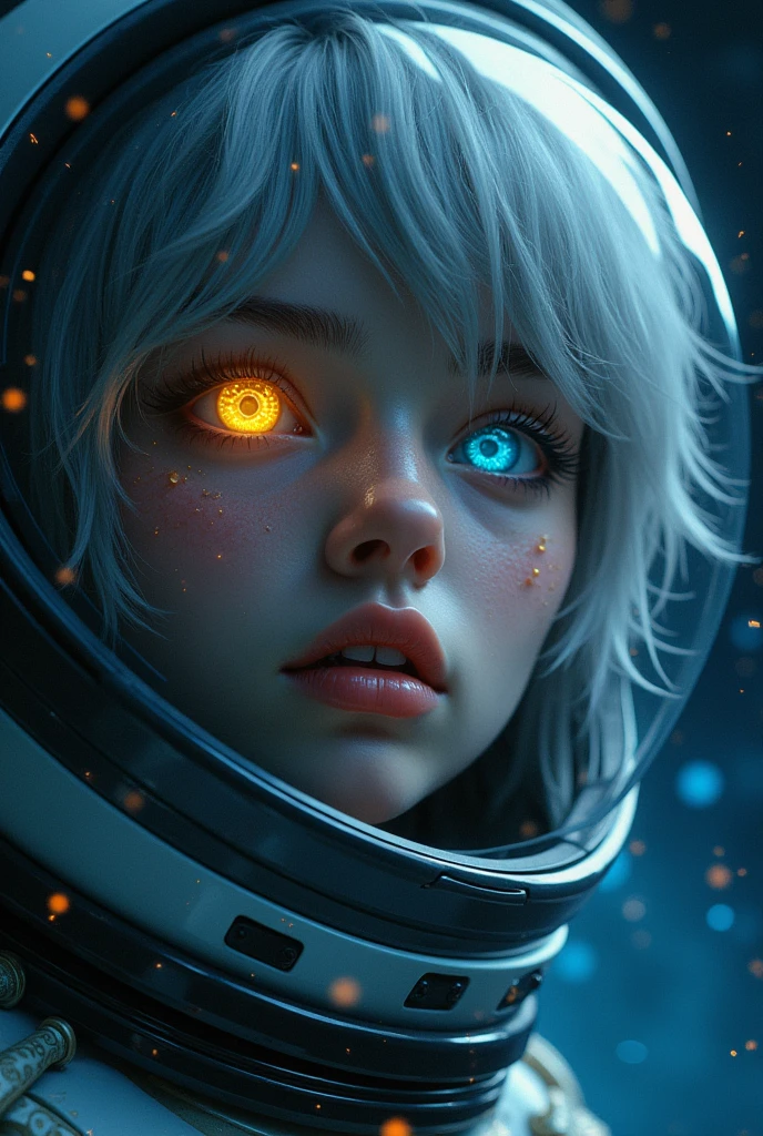 (Close-up of a better masterpiece:1.5)0.9], (Space and astronauts:1.2) (Messy silver hair:1.1) (Heterochromia xanthochromia and blue eyes:1.2) (Space Helmet:1.0) (Colored stars in the eyes:1.0) (A radiant glow:1.1) (thick lips:0.9)