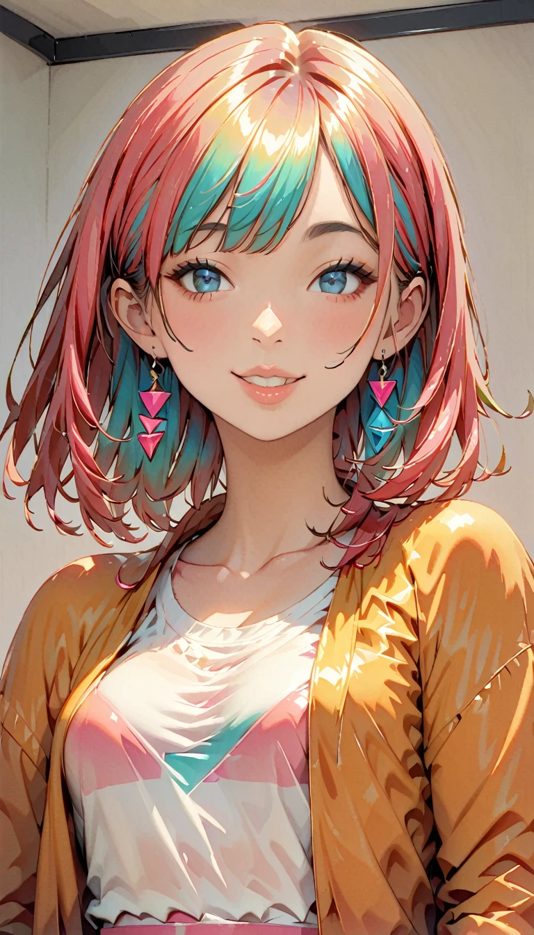 (Highest quality:1.5, City Pop Style, Very detailed, up to date, Vibrant, High Contrast, masterpiece:1.2, Highest quality, Best aesthetics), girl, ((Face Up Shot:1.4)), Colorful Hair, Loose and fluffy hair, Bobcut, pastel colour, パーカーを着ているgirl, Lips pink, lip, smile, Odd Eye, 1980s style, ((Retro, Vintage, Plain background))