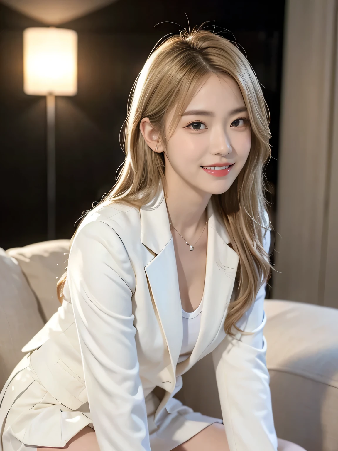 (8,000; Best Quality: 1.2), (Realistic, Realistic: 1.2), Lovely, Solo, Sky is Beautiful and Clear, Night, Moisture, Watching the Audience, (Sit: 1.5) Date, Mirai, (Nose Brush), (Smile: 1.15), Delicate eye (Deep Blonde: 1), Floating Medium Hair Nova FrogStyle, White Suit Jacket, Burton T-shirt, Beige Pleats Skirt, Makeup, Lover's Smile, 35 years old, Beautiful (8,000, Yes, RAW Photo: 1.2, (Random body orientation),