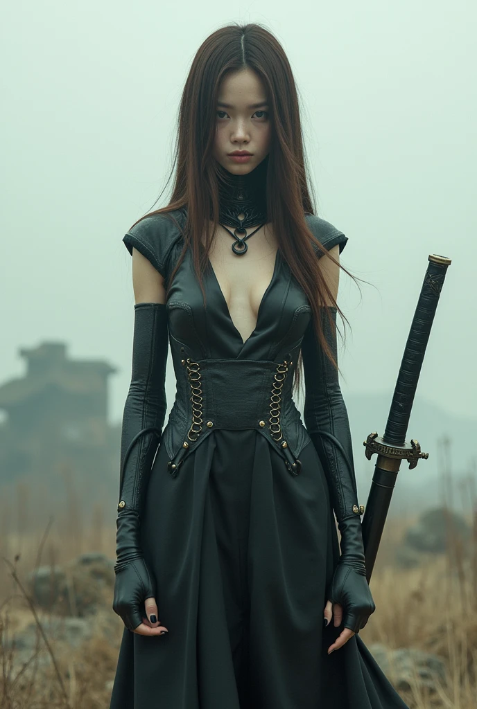 editorial photography,super detailed background,Super realistic,double exposure,depth of field,beauty super slender skinny vibes,soft focus tone,narrative scene,acrylic paint,high-contrast multilayer structure cyborg,full-body shot,wabi-sabi,super long straight brunette hair,Japanese sword Katana,bare shoulders,dystopia apocalypse,