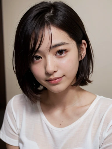 In front of the white wall of a stylish white hotel room with the morning sun shining in、On the bed、18-year-old female、Realistic Skin、((Dark Eyes))、A kind smile、Medium Short Hair、Grey T-shirt、Yoshitomo Nara, shikamimi, Chiho, mayuri shiina, A real young gravure idol, beast, , Kotegawa Yui, 8k、narumi kakinouchi