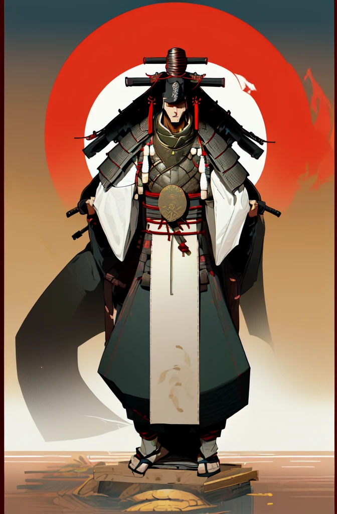 male, lean build, feudal Japan era, samurai, wearing a gi, leather plates on shoulders, leather plates around legs, wrapped tabi footwear, tachi, tightly wrapped bandana over mouth and nose, conical rice hat, leather chest armor, rice hat on head, white and red kimono, close-up shot, stern eyes, swirling green fire, (very large) rice hat atop head