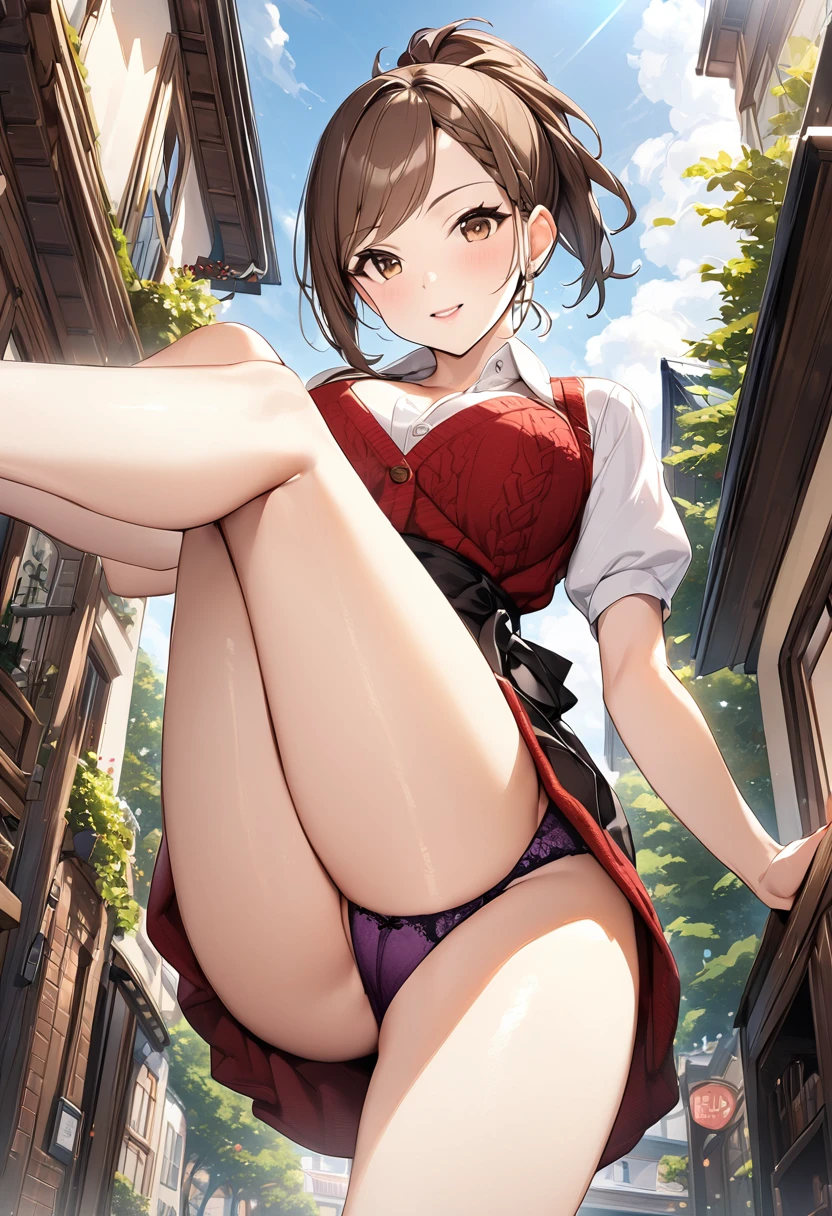 Brown Hair、((((masterpiece) (((((Highest quality))))((high resolution))))), Very detailed, 、、((Purple lace panties、、、、、、Low - Angle、shirt、、High Kick、Raise one leg、Beautiful legs、Perfect Legs、Town、Red Knitted Dress、null、building、Short ponytail、Beautiful panties、The perfect outfit、Brown Eyes