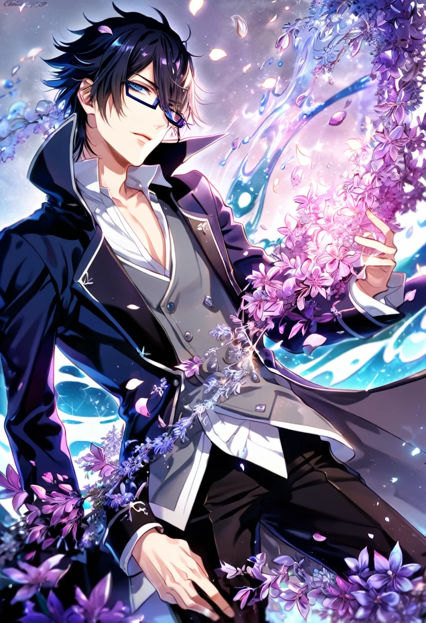 Ultra detailed, HDR, Highres, absurdres, master piece, Fushimi Saruhiko, messy black hair, expressive blue eyes, black rectangular glasses, gray waistcoat, long blue overcoat, white shirt, 
black pants, K Project, sexy man, handsome, purple flowers, petals, fantasy, magical, purple leaves, handsome, best quality, glittering, sensual, horny, water, purple shining fireflies, solo, purple flames,