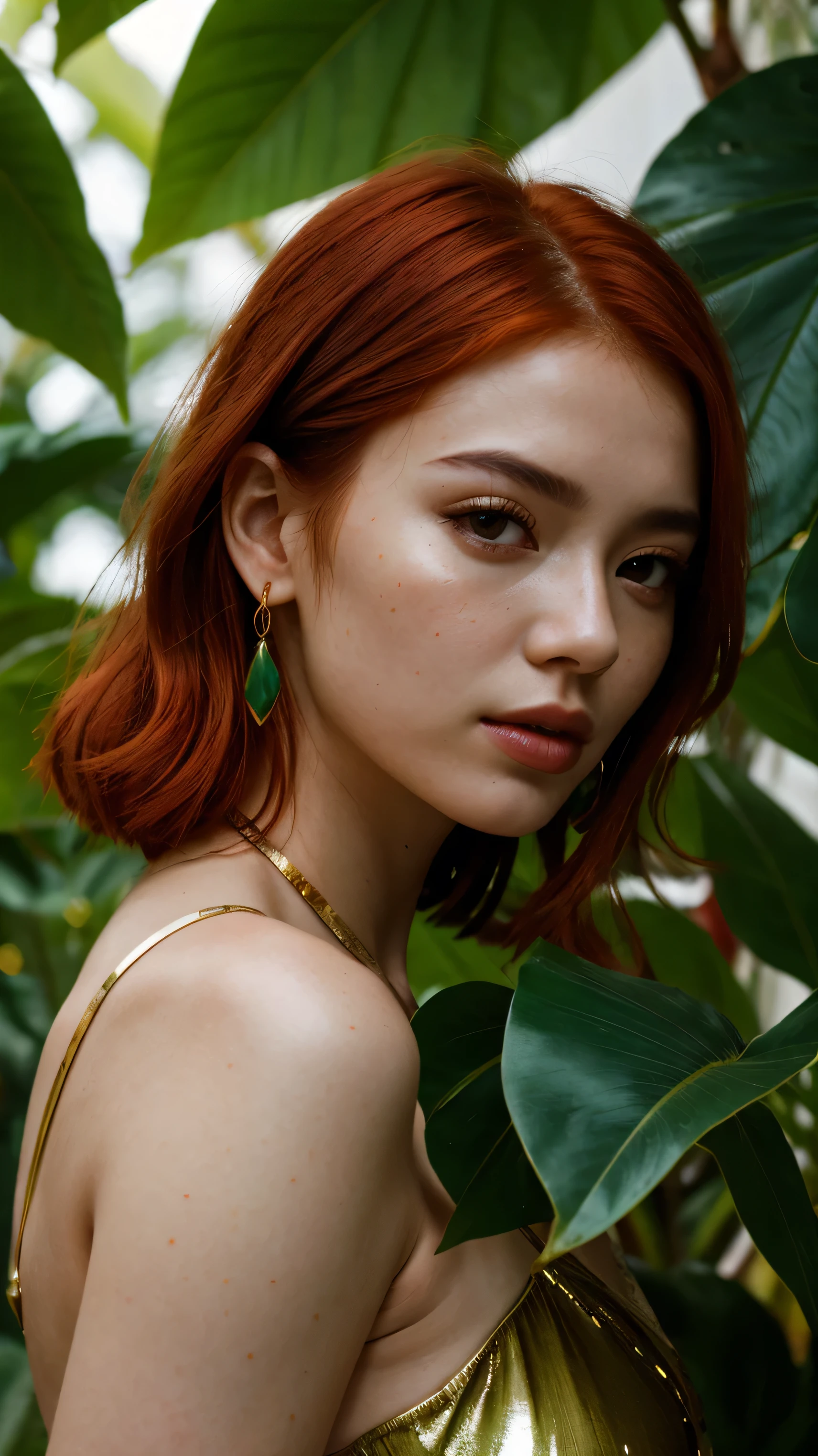 a woman with red hair and green leaves, hyper-realistic skin, shiny/glossy, modern jewelry, gongbi, portraiture, dark teal and light gold, tropical landscapes