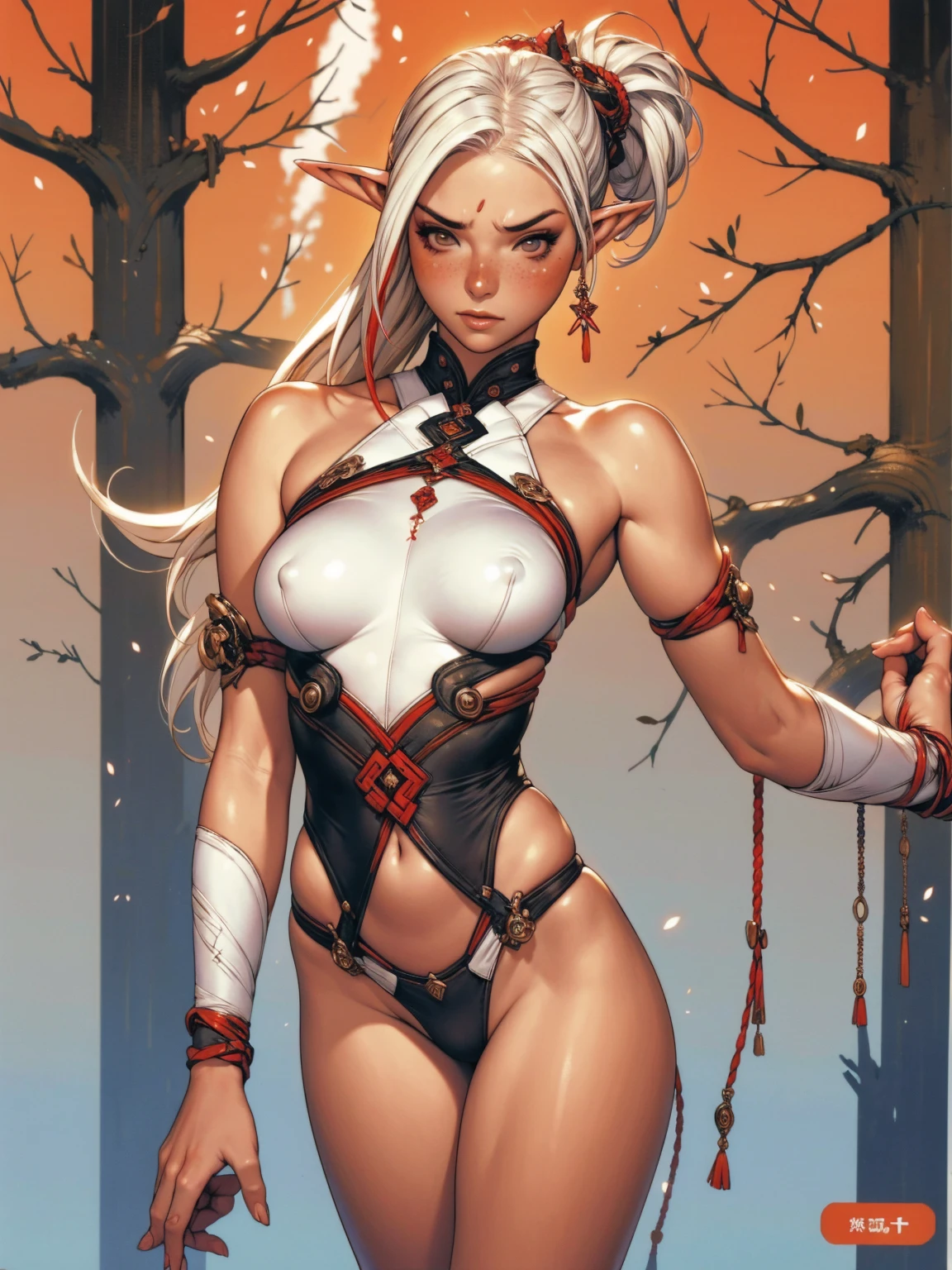 (best qualityer))), (((manga strokes))), (((white hair with red highlights))), (((blue skin))), uma Kizi elfo com orelha pontudas em uma floresta densa, semi-naked with arms covered in rustic metal articulated armor, breasts covered with bands, tiny thong thong, perfect fitness body, perfect face with blush, freckles, skin shiny with sweat, dynamic pose, moving between the trees, looking back, fugitive, bitter face on my thigh, nude belly, fantasy atmosphere, sexly, manga strokes, High definition, (((best qualityer: 1.4))), (Unbeatable masterpiece), (hiper HD),(CG 8k hyper-realistic), Kizi, (((standing alone)))