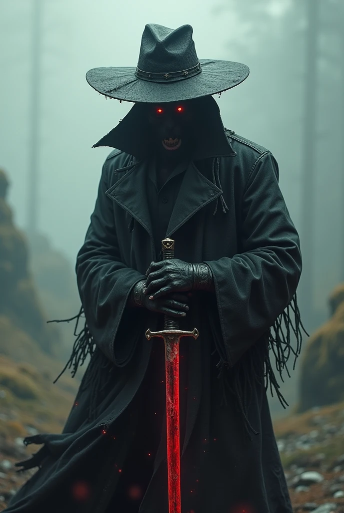 Possessed swordsman wearing a black leather cap, black trenchcoat and holding a blood stained Katana