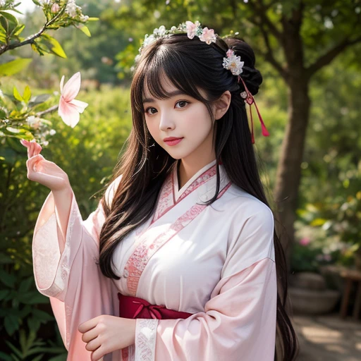 best quality, Delicate face,beautiful visual work, lifelike, eternity, black hair, Long curly hair, blunt bangs, Smile, Detailed Background, Delicate face,blush,cold,((masterpiece))、(top quality)、8k、high detail、Super detailed,31-year-old female,身穿唐制Hanfu、waist skirt, Clothes are light and fluffy,Hanfu, wide sleeves, Transparent sleeves, Tunic, Clothes made of chiffon, Seductive and whimsical style、masterpiece、born、Scenes resembling fairy tale illustrations、intricate details和複雜的設計、Beautifully、magic、capricious、 Beautifully、Dream aesthetics、「𝓡𝓸𝓶𝓪𝓷𝓽𝓲𝓬、ethereal、charming、fickle、magic」、realism、Visual effects、FXAA、SSAO、Shader、voiceless、ambient lighting、Tone mapping、High resolution、Ultra high quality、Million pixels、(8K resolution:1.10)、8k、8k以下、8K resolution、high detail、intricate details, (high quality:1.2、masterpiece:1.2、:1.21)、(31-year-old female:1.21)、(興奮地Smile)、(被dream般的氛圍所包圍、Model diagram,full-body shot,Normal 2 feet,Put your hands behind you,The protrusion of the breast is visible when wearing clothes, Large Breasts, H cup chest, antiquity, Xian Xia, gauze clothes, Soft and fluttering, Fairy, dream, fantasy, light, Elegant, nature, Immortal, romantic, classical, ribbon, pink clothes, in tall woods, 「Behind the Letting Go」