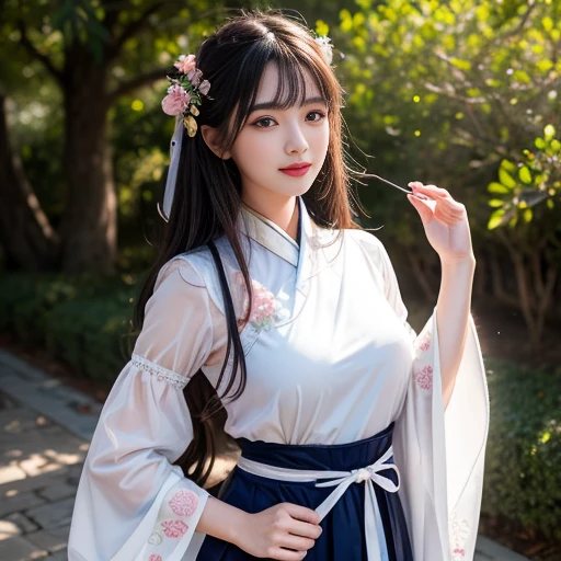 best quality, Delicate face,beautiful visual work, lifelike, eternity, black hair, Long curly hair, blunt bangs, Smile, Detailed Background, Delicate face,blush,cold,((masterpiece))、(top quality)、8k、high detail、Super detailed,31-year-old female,身穿唐制Hanfu、waist skirt, Clothes are light and fluffy,Hanfu, wide sleeves, Transparent sleeves, Tunic, Clothes made of chiffon, Seductive and whimsical style、masterpiece、born、Scenes resembling fairy tale illustrations、intricate details和複雜的設計、Beautifully、magic、capricious、 Beautifully、Dream aesthetics、「𝓡𝓸𝓶𝓪𝓷𝓽𝓲𝓬、ethereal、charming、fickle、magic」、realism、Visual effects、FXAA、SSAO、Shader、voiceless、ambient lighting、Tone mapping、High resolution、Ultra high quality、Million pixels、(8K resolution:1.10)、8k、8k以下、8K resolution、high detail、intricate details, (high quality:1.2、masterpiece:1.2、:1.21)、(31-year-old female:1.21)、(興奮地Smile)、(被dream般的氛圍所包圍、Model diagram,full-body shot,Normal 2 feet,Put your hands behind you,The protrusion of the breast is visible when wearing clothes, Large Breasts, H cup chest, antiquity, Xian Xia, gauze clothes, Soft and fluttering, Fairy, dream, fantasy, light, Elegant, nature, Immortal, romantic, classical, ribbon, pink clothes, in tall woods, 「Behind the Letting Go」