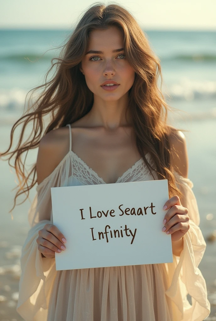 Beautiful girl with wavy long hair, bohemian dress, holding a white board with text "I Love Seaart Infinity" and showing it to the viewer