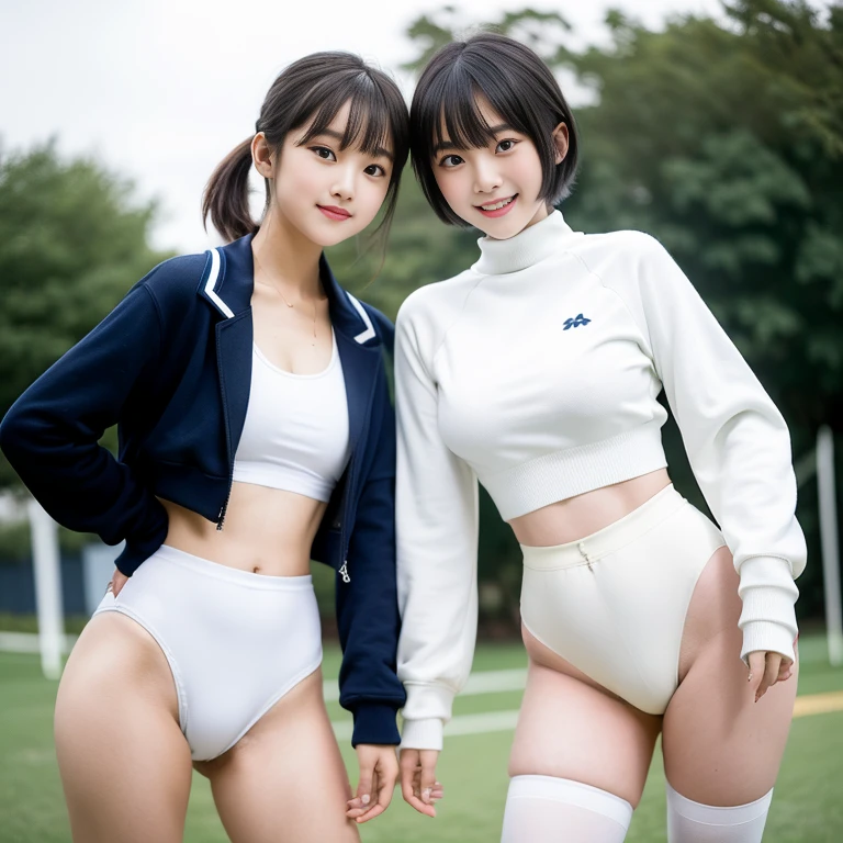 2 girls standing in school ground,long-sleeved white tracksuit top,white leotard with navy blue briefs,white high socks,18-year-old,bangs,a little smile,thighs,knees,crotch,short cut hair,low ponytail,from below
