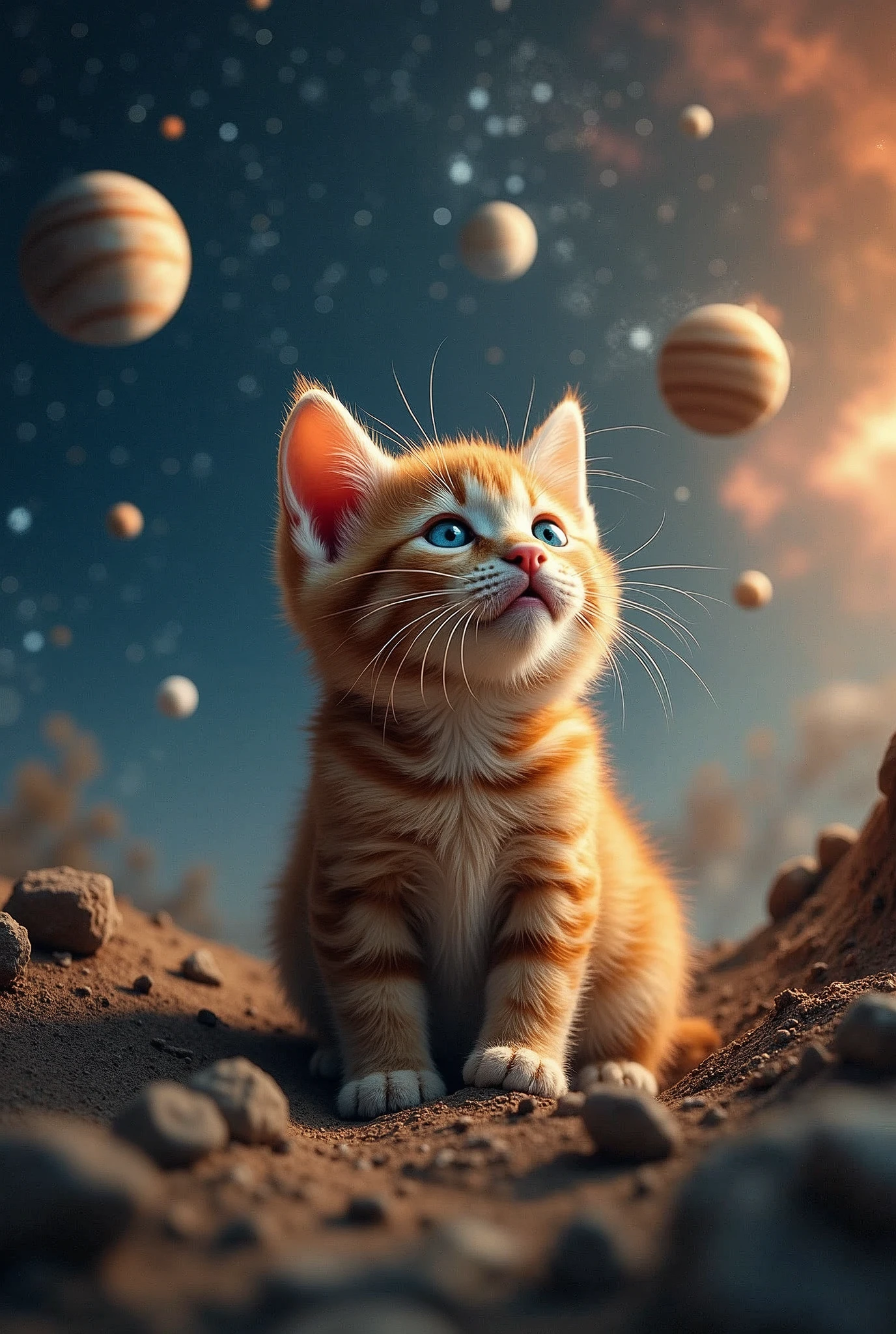 And suddenly this ginger kitten realized that he was controlling some universe and then he dug himself into space surrounded by several planets.