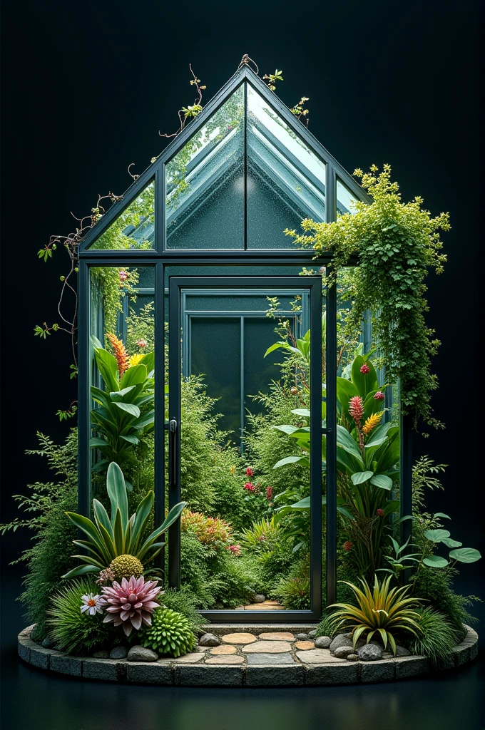 Create a greenhouse image with a black background