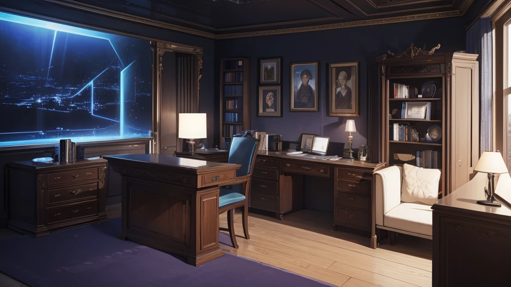 A sophisticated space-inspired home office, presented in a deep purple and blue color palette, contrasting with dark wood paneling on the walls. the lighting is dramatic, with volumetric lights that create a mysterious and elegant atmosphere. Old details, like a vintage globe and a classic bookshelf, are harmoniously integrated with high-tech elements, like holographic monitors and futuristic tables. The environment is hyper-detailed and photo-realistic, with every texture and material meticulously represented. The scene is captured with a 35mm camera, giving a sense of depth and realism, and the image is presented in 8K, with a realistic matte paint quality that highlights every detail. The atmosphere reflects a perfect fusion between the classic and the futuristic, resulting in a workspace that is both nostalgic and ultra-modern.