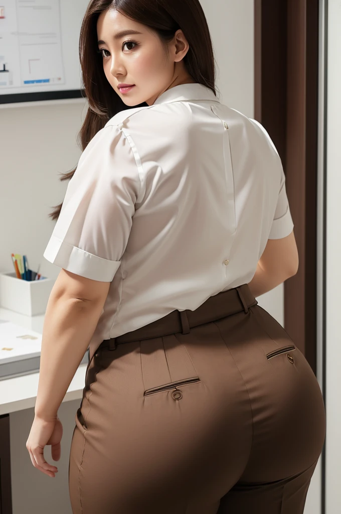 An office lady wearing a white shirt and brown suit pants、(Plump butt)、Rear view、(((Highest quality, masterpiece))), (((Very detailed)))