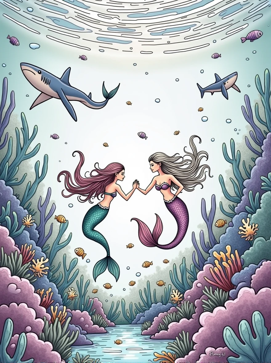 Line drawings of an underwater world with fish, coral reefs, sharks, octopuses, and mermaids. The underwater environment should be vibrant and full of life, with plenty of details for kids to color