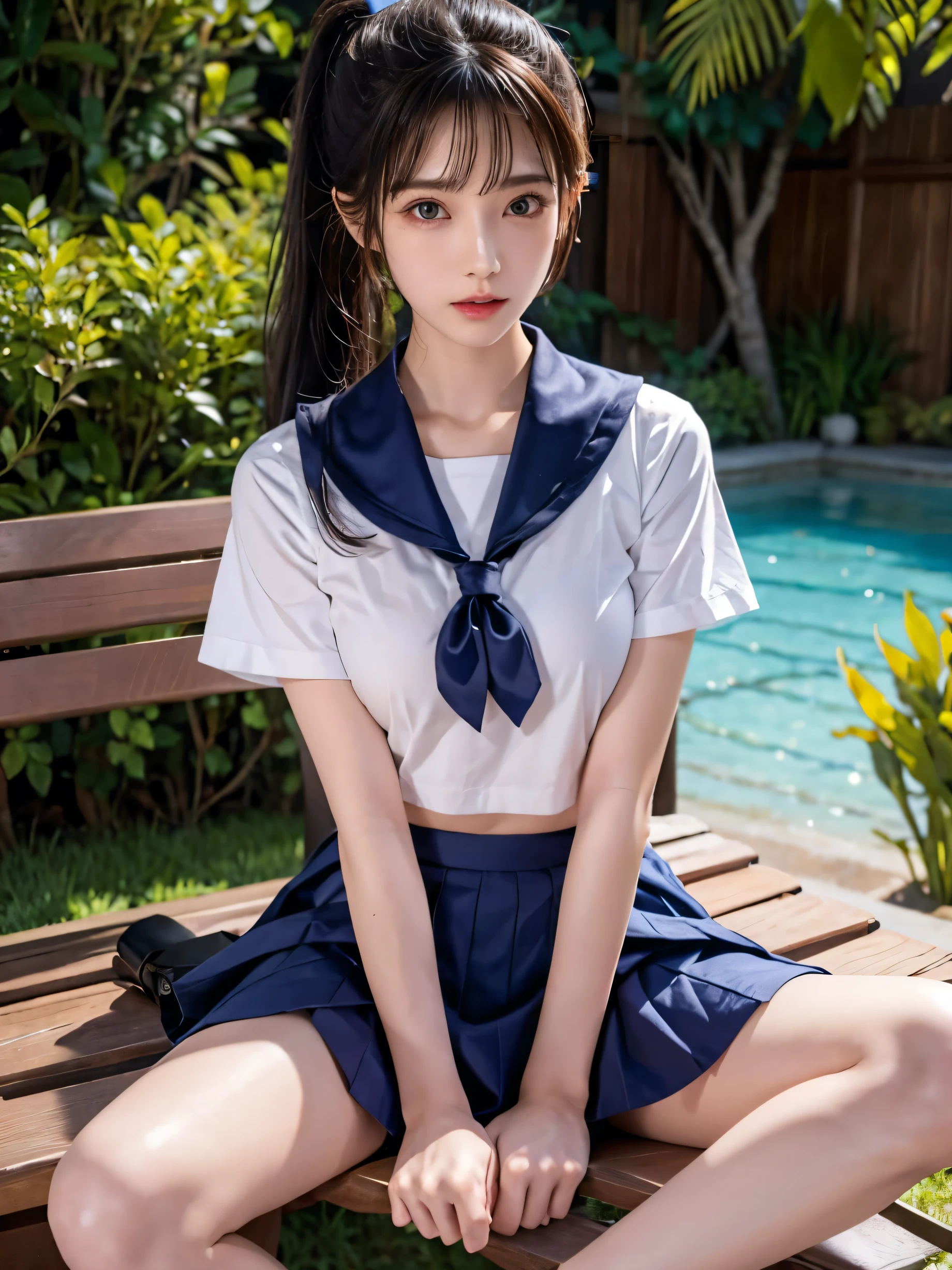 (Ultra HD), (Short-sleeved sailor uniform, Extremely short navy blue skirt), Big Breasts, slender, Narrow waist, (The belly button is visible:0.8), (I can see your pants), whole body, (Clean and shiny skin, Whitening, No makeup), (Super slim face, Super beautiful face), (top ponytail, Layered Cut, Fluffy hair), (double eyelid, Fox eye), Small Nose, Thin lips, Thin legs, Sitting on a bench, (Spread your legs:1.2)