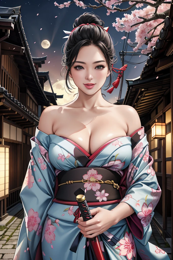 (Browsing Caution), (RAW Photos), (Realistic), (Photorealistic), Ultra-high resolution, masterpiece, Highest quality, Portraiture, facial Portraiture, Perfect lighting, Detailed lighting, Dramatic Shadows, Ray Tracing, Pure Eros Face_v1, Urzan-6500-v1.1, ((smile)), ((upper body:1.2)), ((random sexy pose)), looking at viewer, ((wearing a kimono)), ((holding a Japanese Katana)), ((in old Japanese street)), ((night)), ((full moon)), ((background with Cherry blossom)), ((Japanese tattoo)),