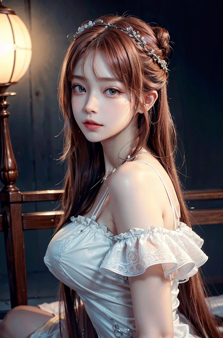masterpiece, 1 beautiful girl, Delicate eyes, Purebred face_v1, Top quality, Ultra high resolution, (Reality: 1.4), Japanese, Korean, very beautiful, Beautiful skin, slim，Very sexy, (超Reality), (high resolution), (8K), (Very detailed), Delicate face, Bright Lights, Professional lighting, Looking at the audience, Face straight ahead, White bare back see-through antique style dress,big nipples, reddish brown hair, long hair, long hair與辮子, Bangs，Double bun，hair accessories。