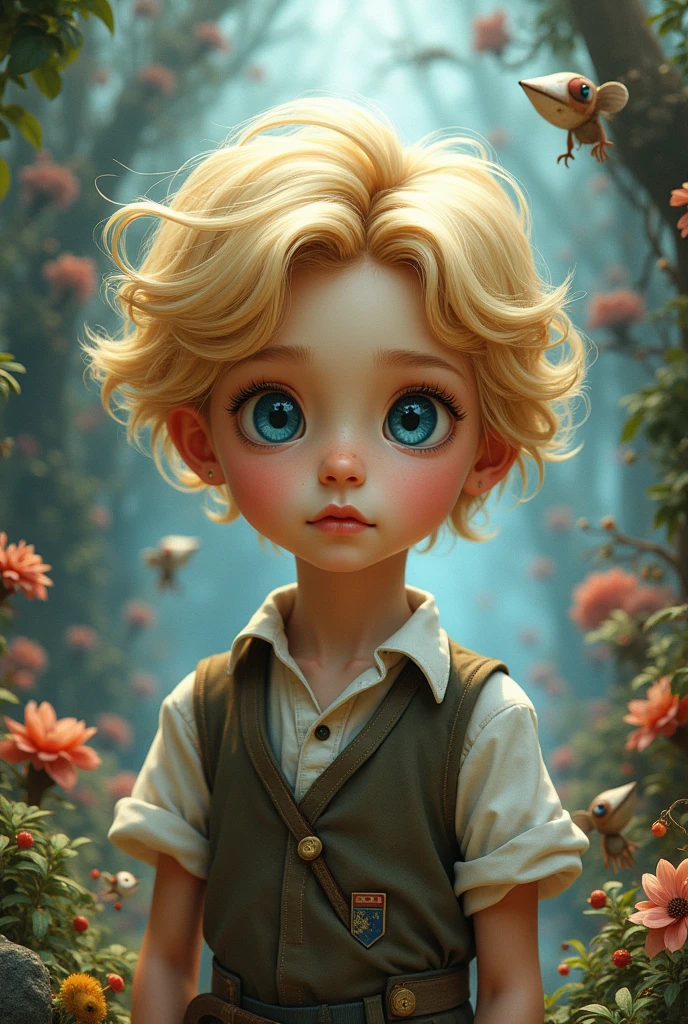 Blonde boy with blue eyes in the style of Alice in Wonderland 