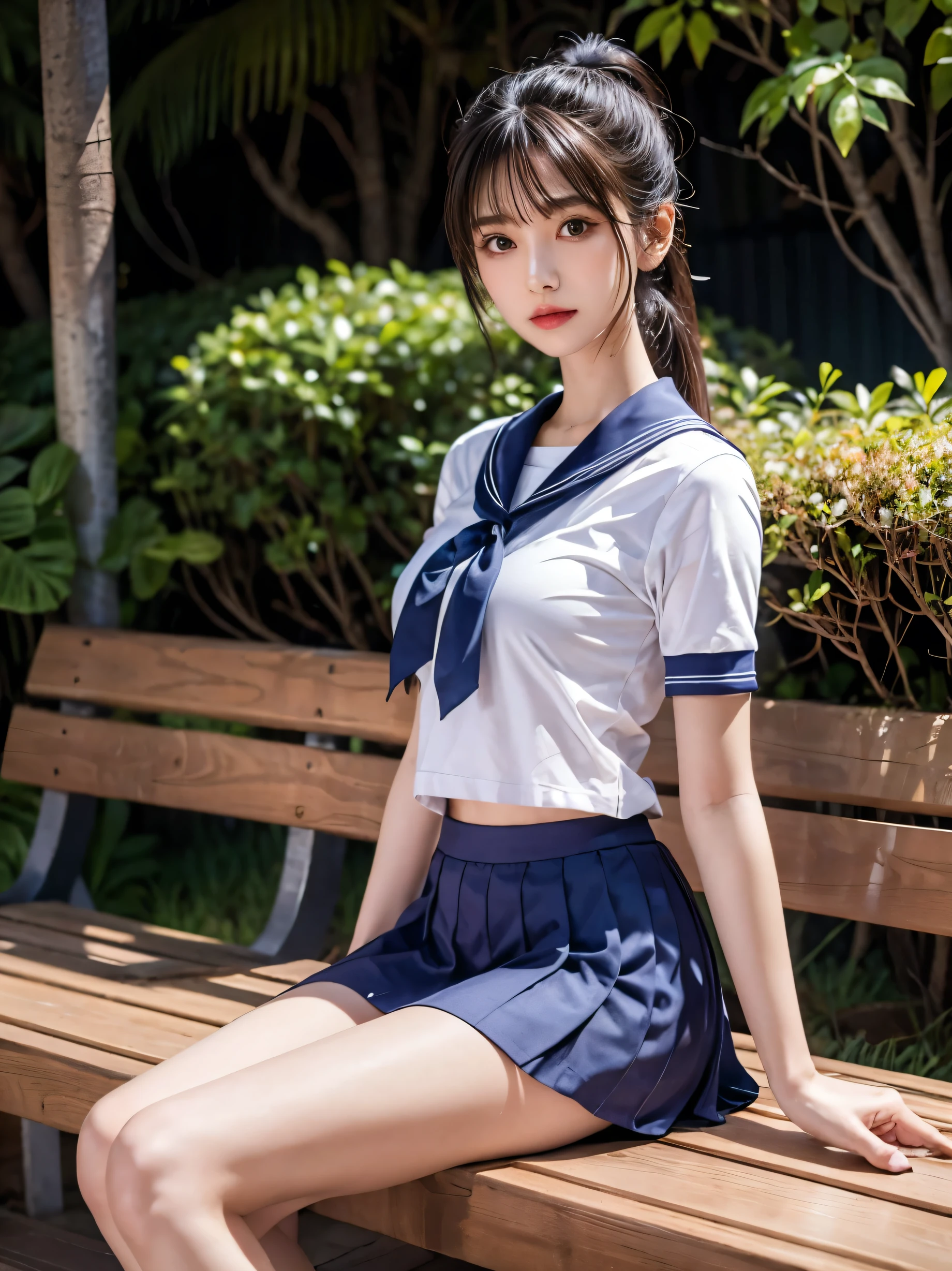 (Ultra HD), (Short-sleeved sailor uniform, Extremely short navy blue skirt), Big Breasts, slender, Narrow waist, (The belly button is visible:0.8), (I can see your pants), whole body, (Clean and shiny skin, Whitening, No makeup), (Super slim face, Super beautiful face), (top ponytail, Layered Cut, Fluffy hair), (double eyelid, Fox eye), Small Nose, Thin lips, Thin legs, Sitting on a bench, (wariza:1.2)