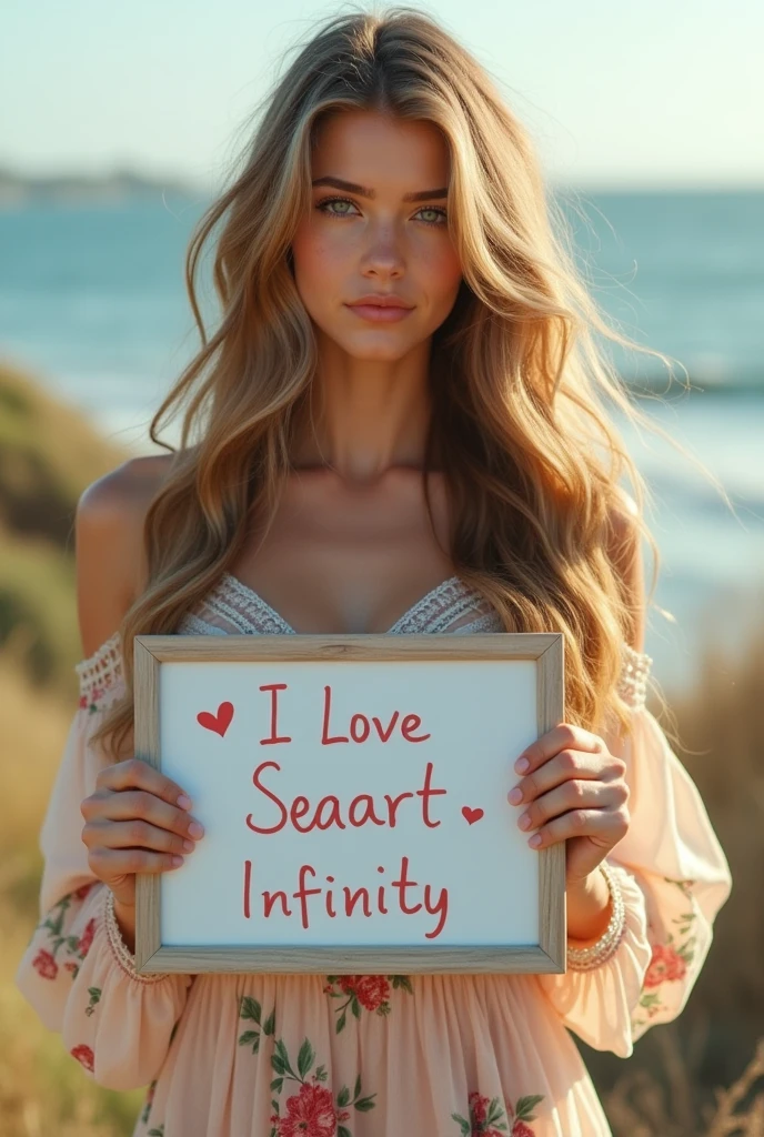 Beautiful girl with wavy long hair, bohemian dress, holding a white board with text "I Love Seaart Infinity" and showing it to the viewer