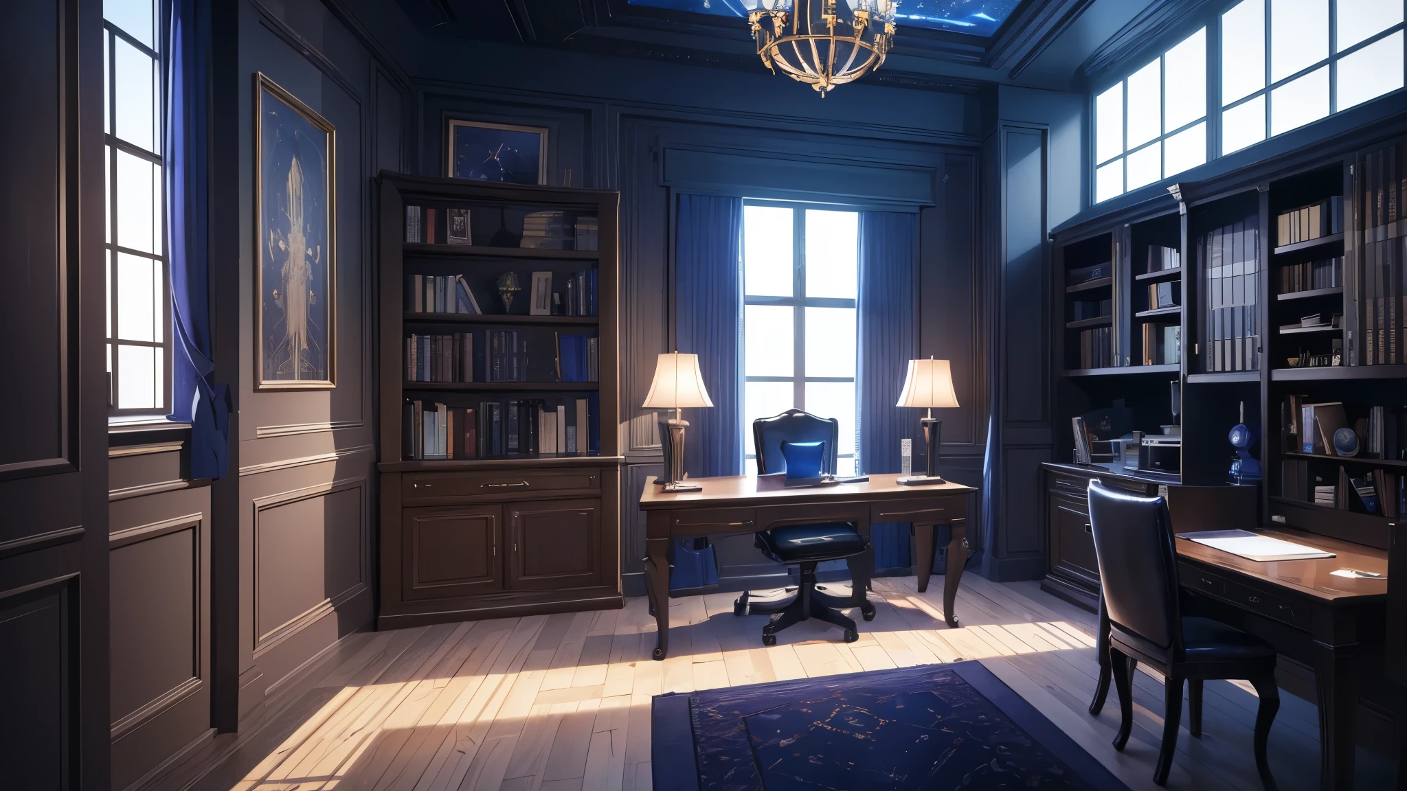 A sophisticated space-inspired home office, presented in a deep purple and blue color palette, contrasting with dark wood paneling on the walls. the lighting is dramatic, with volumetric lights that create a mysterious and elegant atmosphere. Old details, like a vintage globe and a classic bookshelf, are harmoniously integrated with high-tech elements, like holographic monitors and futuristic tables. The environment is hyper-detailed and photo-realistic, with every texture and material meticulously represented. The scene is captured with a 35mm camera, giving a sense of depth and realism, and the image is presented in 8K, with a realistic matte paint quality that highlights every detail. The atmosphere reflects a perfect fusion between the classic and the futuristic, resulting in a workspace that is both nostalgic and ultra-modern.