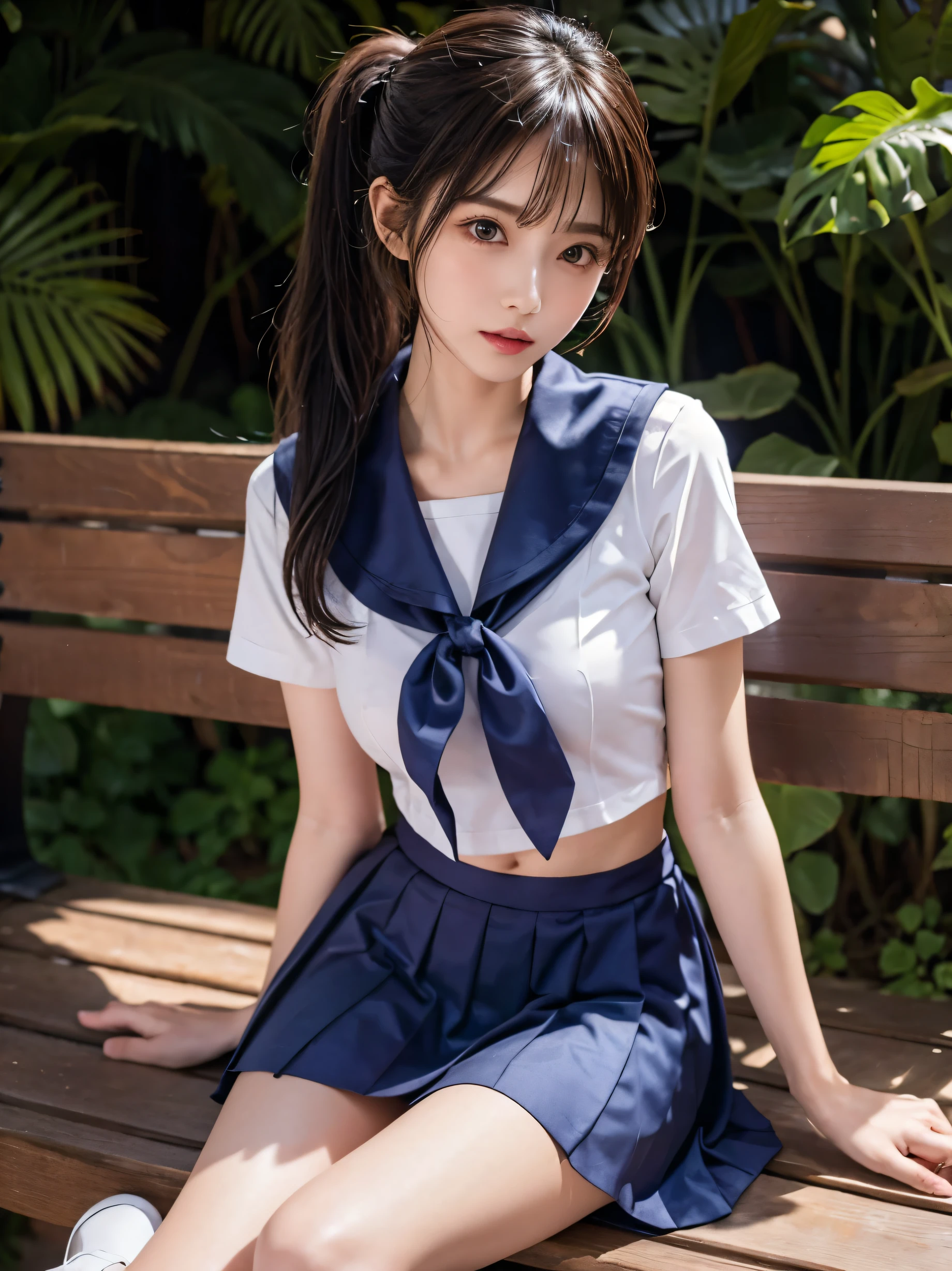 (Ultra HD), (Short-sleeved sailor uniform, Extremely short navy blue skirt), Big Breasts, slender, Narrow waist, (The belly button is visible:0.8), (I can see your pants), whole body, (Clean and shiny skin, Whitening, No makeup), (Super slim face, Super beautiful face), (top ponytail, Layered Cut, Fluffy hair), (double eyelid, Fox eye), Small Nose, Thin lips, Thin legs, Sitting on a bench, (wariza:1.2)