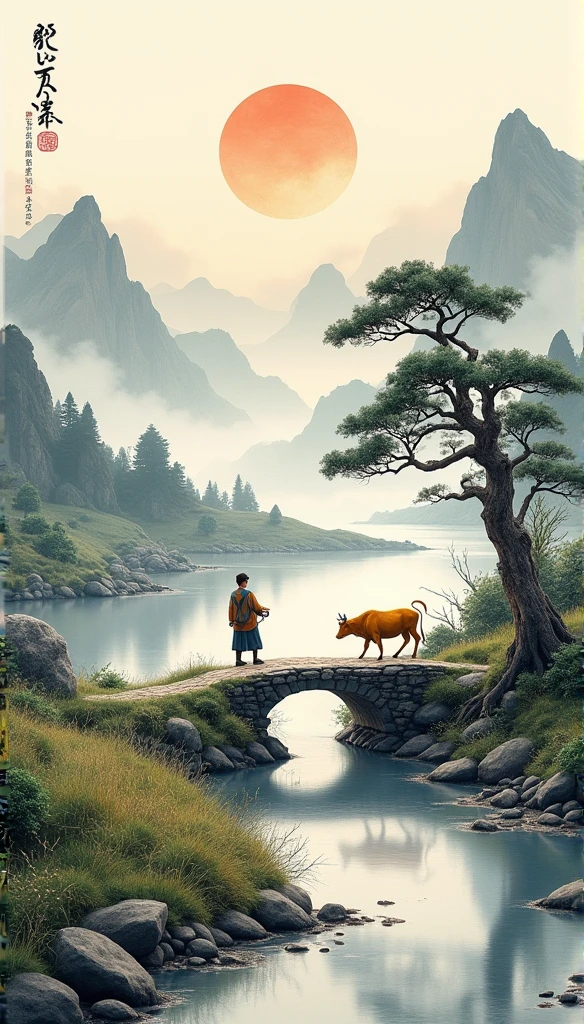 Chinese landscape painting,Ink画,Ink,Inky black,Soil,Vision,Ultra-wide viewing angle,meticulous,A man is leading a yellow cow,riverside,Small Stone Bridge,grassland,The tree,The scenery is mountains,(8k wallpaper),(Light and shadow effects),Octane Rendering,White balance design,高度detailed的图像描绘,Wide Angle,Depth of Field,masterpiece,Realistically,Beautifully depicted,detailed,Acura,masterpiece,masterpiece