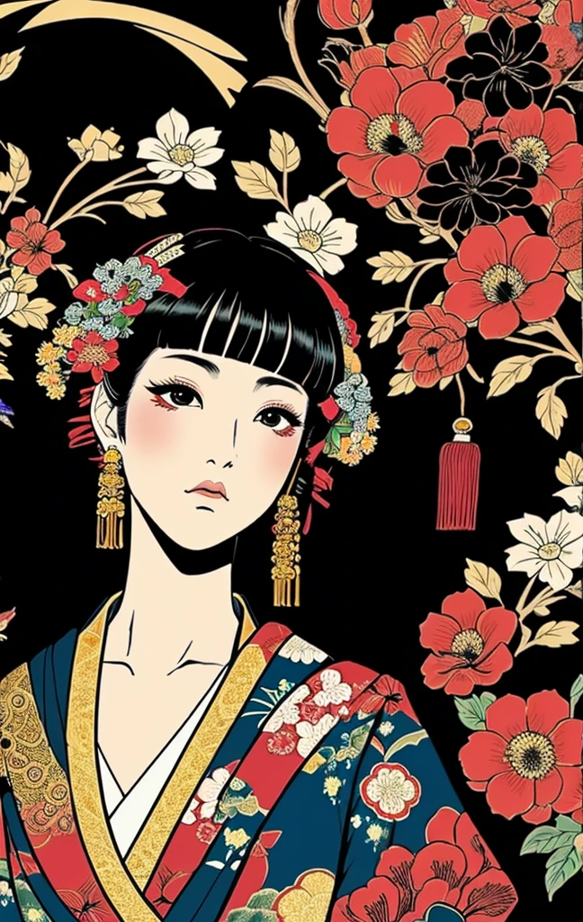 geisha、japanes、ganja、Black background、A Japanese style、Heian period、portlate、