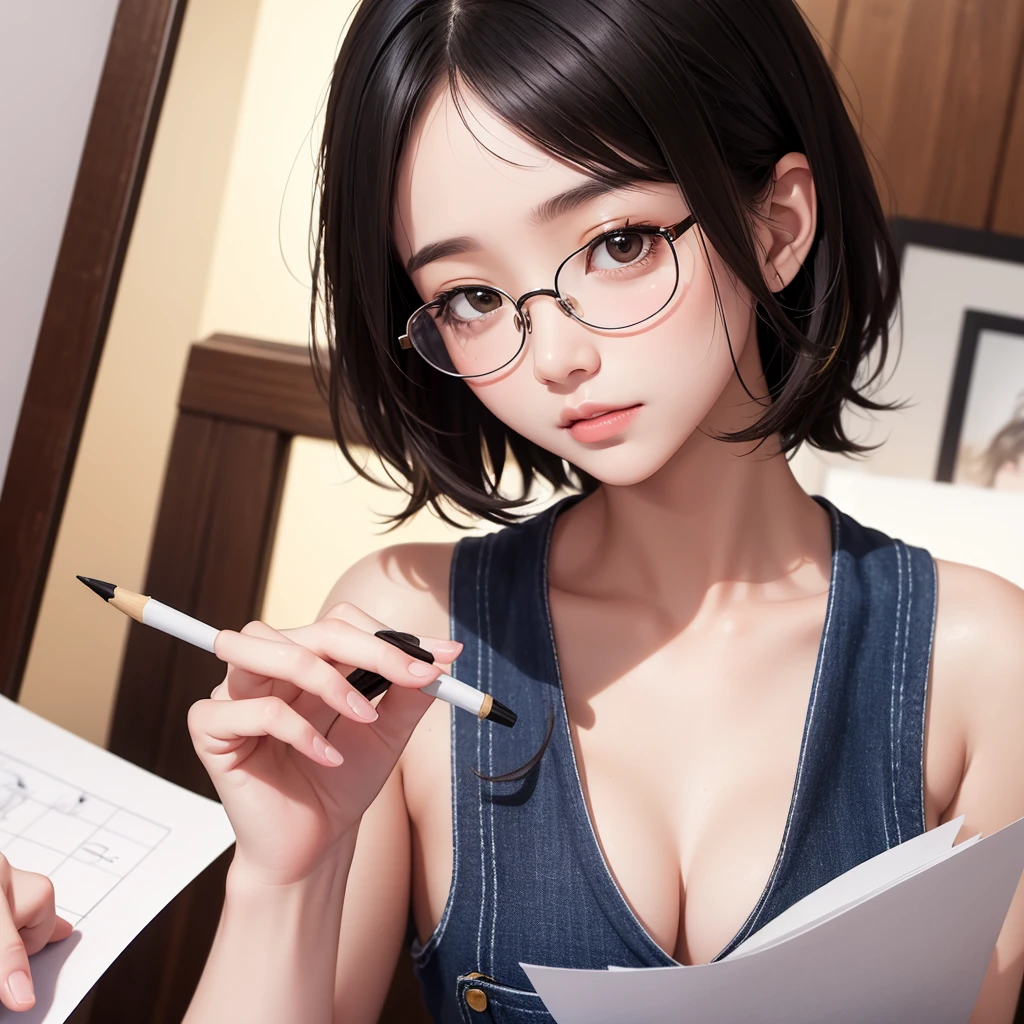 masterpiece,high quality,beautiful wallpaper,16k,photo shoot,1 girl,alone,ink stains,ink painting,((paper)),holding paper,((drawing girls on paper)),pencil, Short hair. 1 girl. Asian girl. Black eyes. Glasses. Her hair is long with yellow and black highlights,wear glasses,black and yellow hair