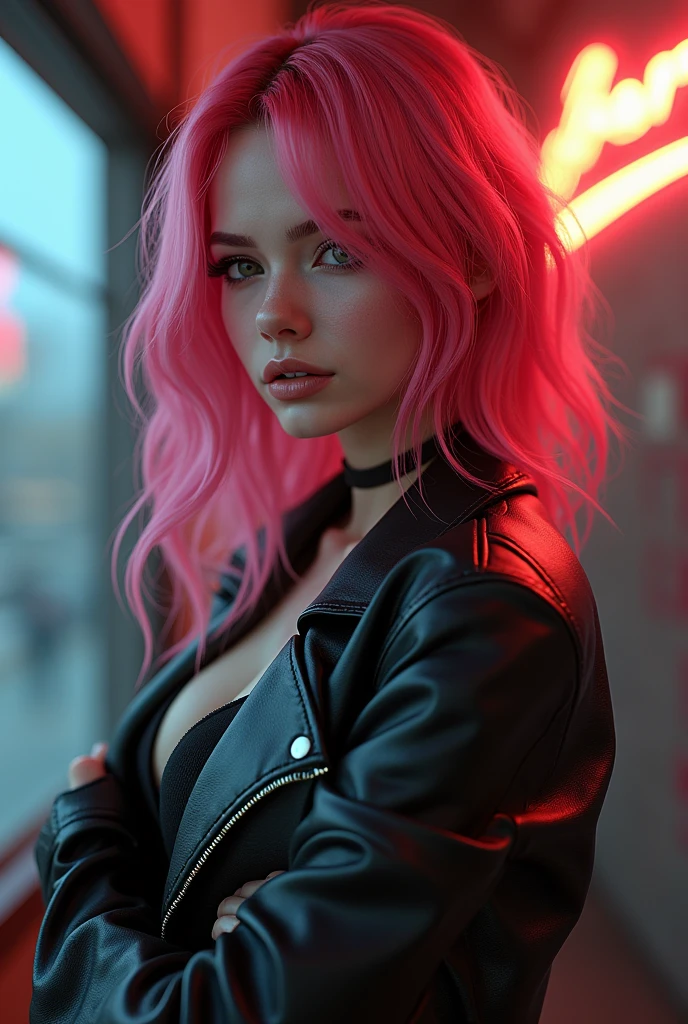 Arafed woman with pink hair and a leather jacket posing, Photorealistic render of a redhead girl, seductive redhead girl, hyperrealistic, Ultra realistic image, Perfect body with golden ratio, extremely detailed, rendering in sfm, render detallado hyperrealistic, Oppai cyberpunk, photorealistic art style , realistic 3d anime, renderizado hyperrealistic, renderizado hyperrealistic