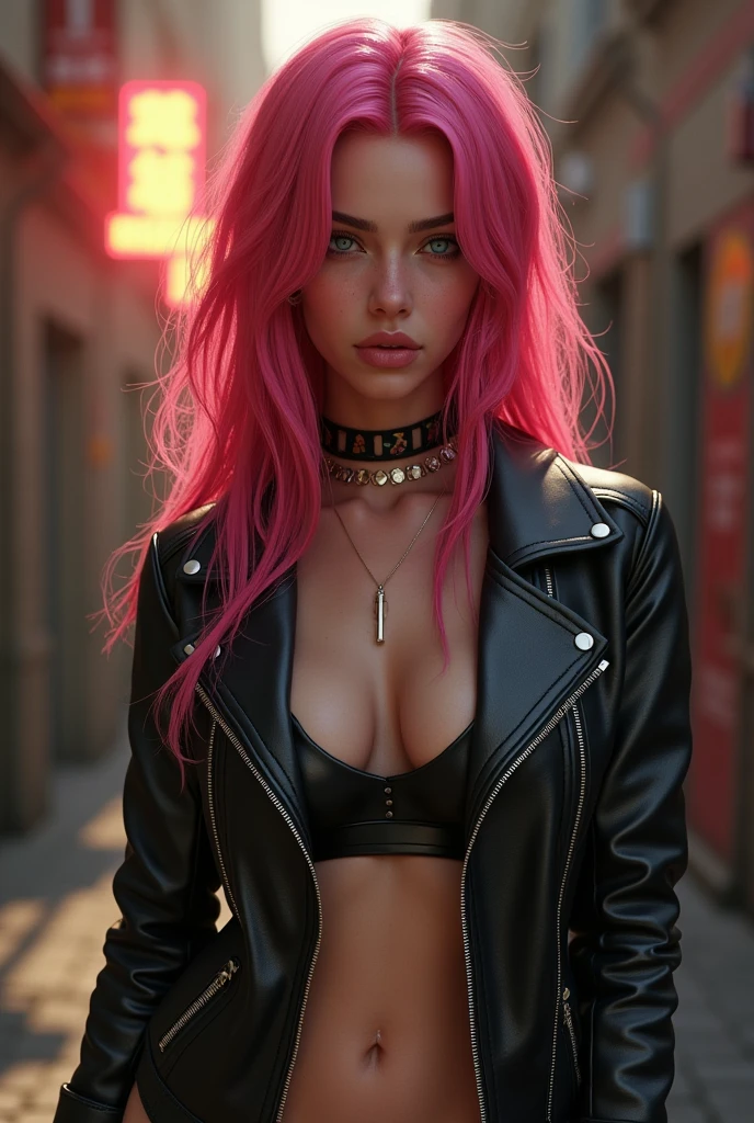 Arafed woman with pink hair and a leather jacket posing, Photorealistic render of a redhead girl, seductive redhead girl, hyperrealistic, Ultra realistic image, Perfect body with golden ratio, extremely detailed, rendering in sfm, render detallado hyperrealistic, Oppai cyberpunk, photorealistic art style , realistic 3d anime, renderizado hyperrealistic, renderizado hyperrealistic