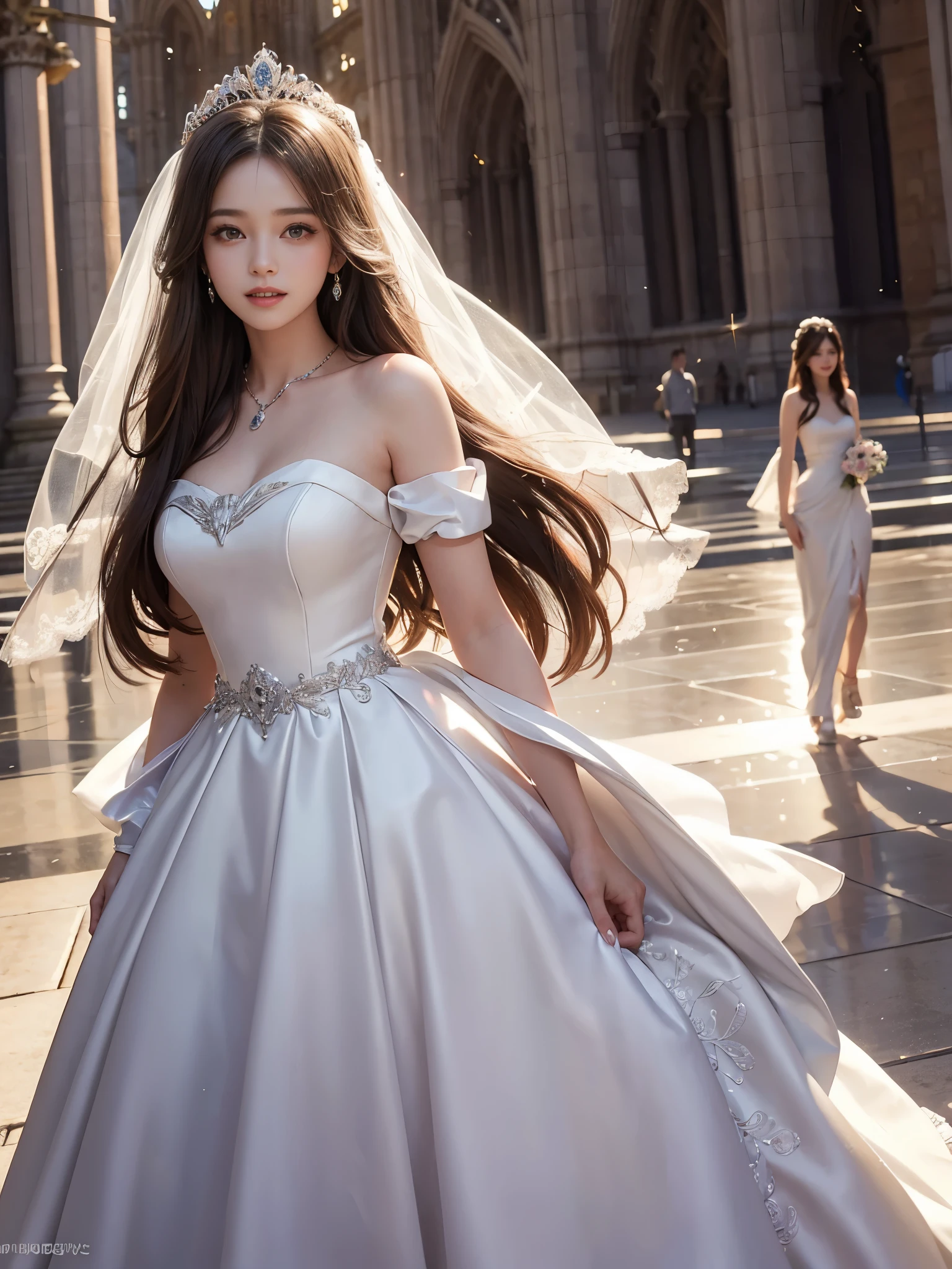 best quality, masterpiece, 1 girl, long hair, A huge laugh, cute teen, shiny lips, sweet, sun glare, Conservative attire, wedding dress, Bridal Tiara, depth of field, blurred background, Cathedral Background, light particles, strong wind, head tilt