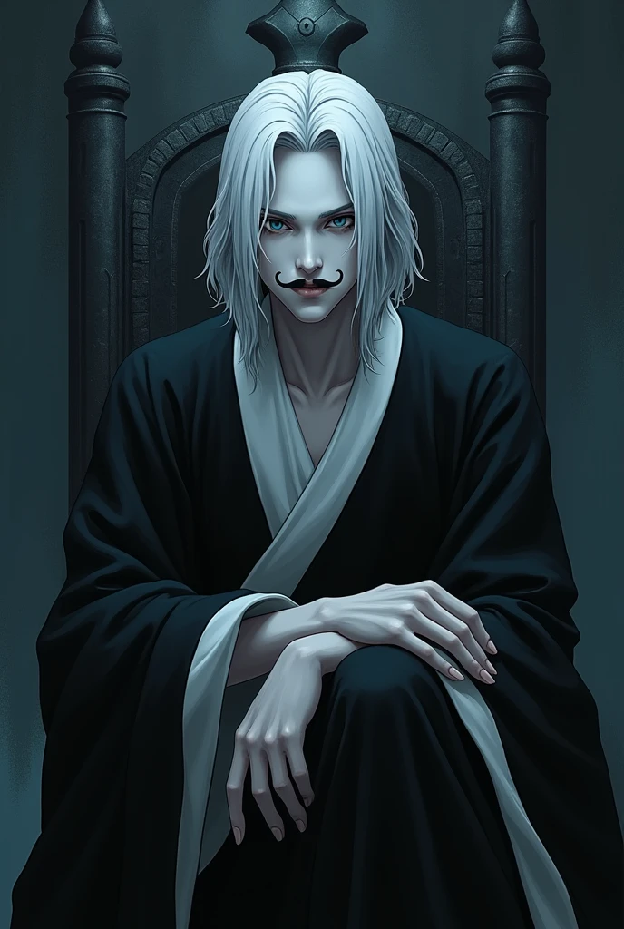 Draw a man with pale white skin. His eyes look like a normal person's eyes but they don't have irises, so the irises are pitch black. His hair is a wolfcut style with long hair, but the back of his hair only reaches his shoulders. His outfit is a black and white robe. He has a moustache like Yhwach's but it's a bit shorter than Yhwach. His expression is like the smile of the character Johan Liebert from the monster anime. Don't forget the graphics are like Bleach TYBW. The background is sitting on an altar with dark shades and dark blue colour.