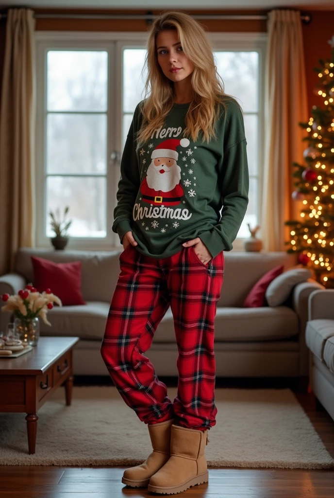 Hot blonde 40 year old woman standing wearing Christmas shirt and red flannel pajama pants and ugg boots inside during winter