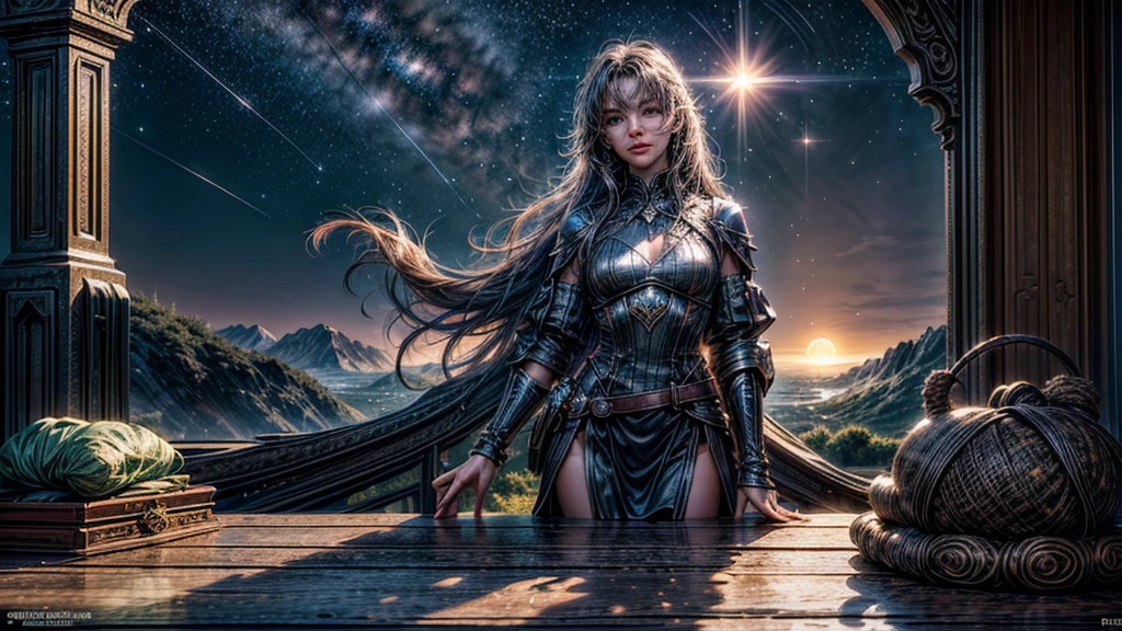 (Logo, Amazing, 8K, Tabletop, Raw Photo, Amazing, Top Quality, Photorealistic and Highly Detailed, CG, High Quality, Highly Detailed, Narrative Verse, Particle Effects, Dynamic Effects, Text Border the depth, cinematic lights, flares, raytracing, tabletop, realistic, ultra HD, fantasy), the wind, the beauty and brilliance of mountains and forests, the serenity and beauty of the world's grasslands and vast lands, Lakeside, wonderful scenery, beautiful natural scenery, night, starry sky, constellation, full moon, space, gorgeous, view, water, constellation, wonder, fantastic, meteor, magic, best illumination, best shadow