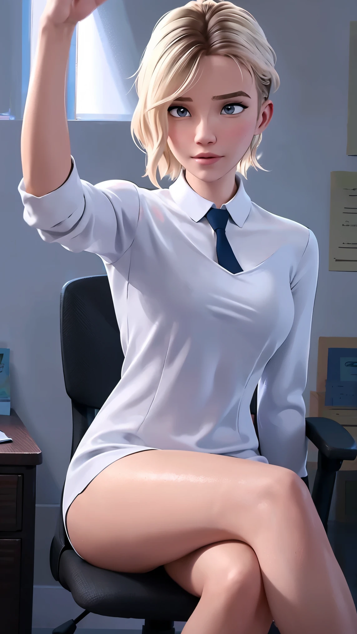 neckleace, [soft ambient light],Background of a desk,(Beautiful One Girl),SCWEN, (secretary of 20 years)) [short-hair] ((very muscular)) [Scrawny],(Selfie) etching [sweaty],[details face],(Beautiful skin expression [transparency]),(More about beautiful skin),[Realistic papilla details],[Physical details],(Physical details realistas),Eros no Corpo Natural,[ideal anatomy],[Desaturation],(high qualiy),(high resolution),((smallboobs)),(((Secretary clothes))),chemise, overskirt, sitting, desk chair, ((cross legs)) sensuous