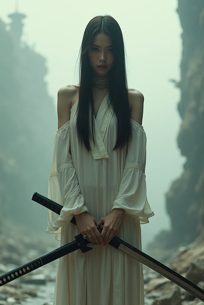 editorial photography,super detailed background,Super realistic,double exposure,depth of field,beauty super slender skinny vibes,soft focus tone,narrative scene,acrylic paint,high-contrast multilayer structure cyborg,full-body shot,wabi-sabi,super long straight brunette hair,Hold a Japanese sword KATANA with both hands,bare shoulders,dystopia apocalypse,