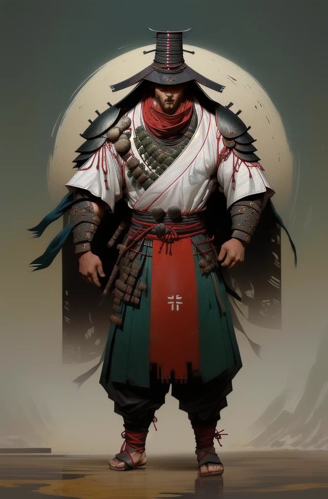male, lean build, feudal Japan era, wearing a gi, leather plates on shoulders, leather plates around legs, wrapped tabi footwear, tachi, tightly wrapped bandana over mouth and nose, conical rice hat, leather chest armor, rice hat on head, white and red kimono, close-up shot, stern eyes, swirling green fire, (very large) rice hat atop head