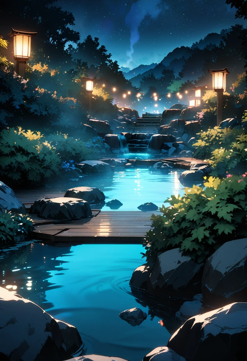masterpiece, best quality, high detail, unity 8k wallpaper, vivid colors, detailed high quality background, onsen background with wood construction, a pond at the middle, surrounded by rocks, with bushes, and lights because it is night time, water with light reflection, with steam, anime style