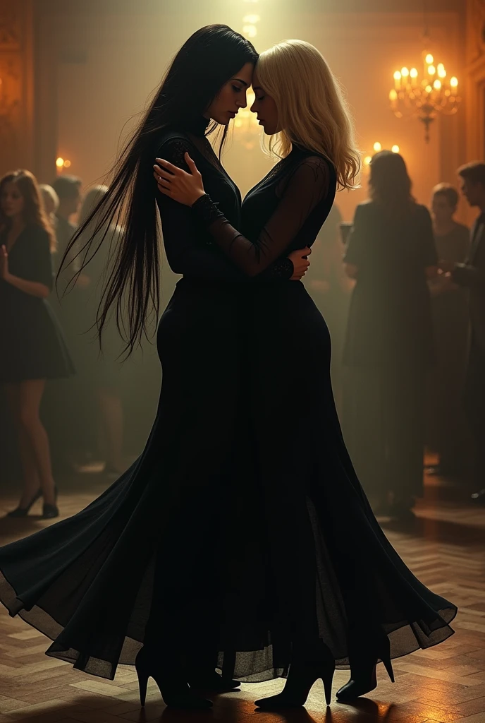 Wednesday Addam's and Enid Sinclair dancing Tango Two women Wednesday has long black hair down to her waist and 1,55 tall Enid has shoulder length blonde hair